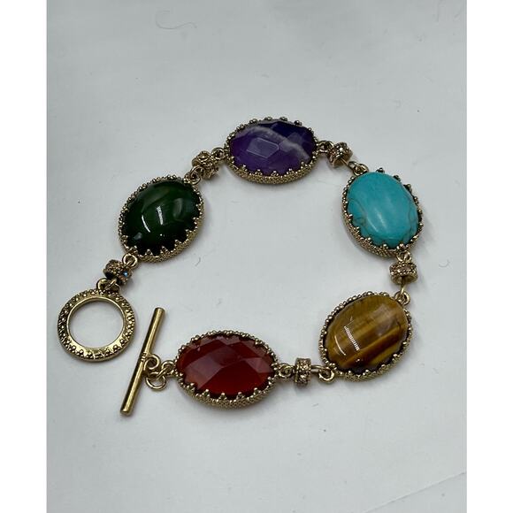 Lauren Ralph Lauren Multicolor Cabochon Stone Gold Tone Toggle Bracelet - Picture 2 of 8